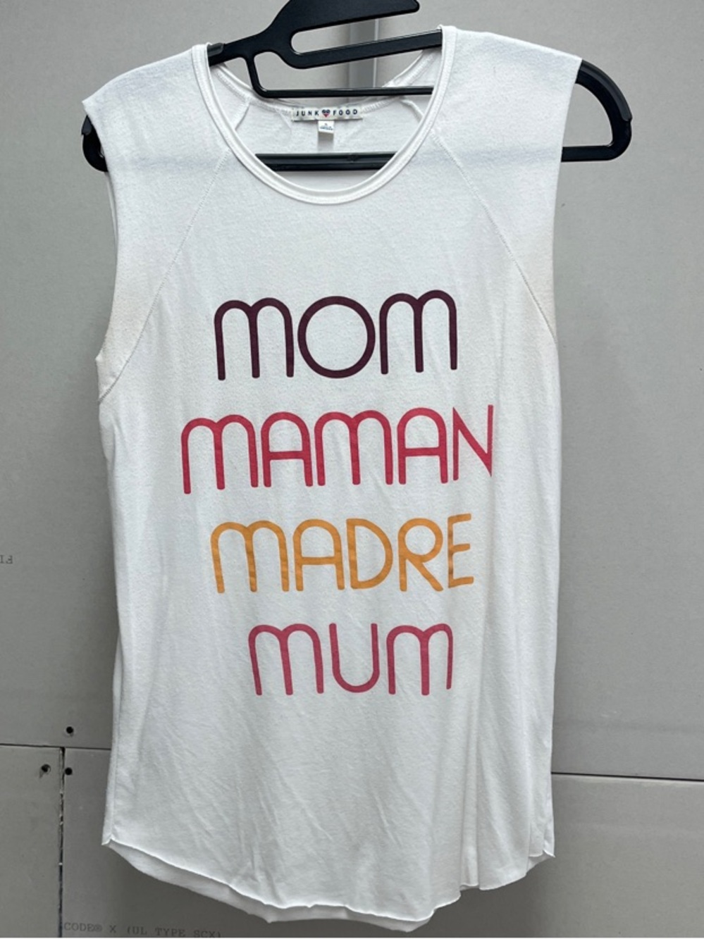 Junk Food Clothing White Tank with Multilingual 'Mom' Script Small